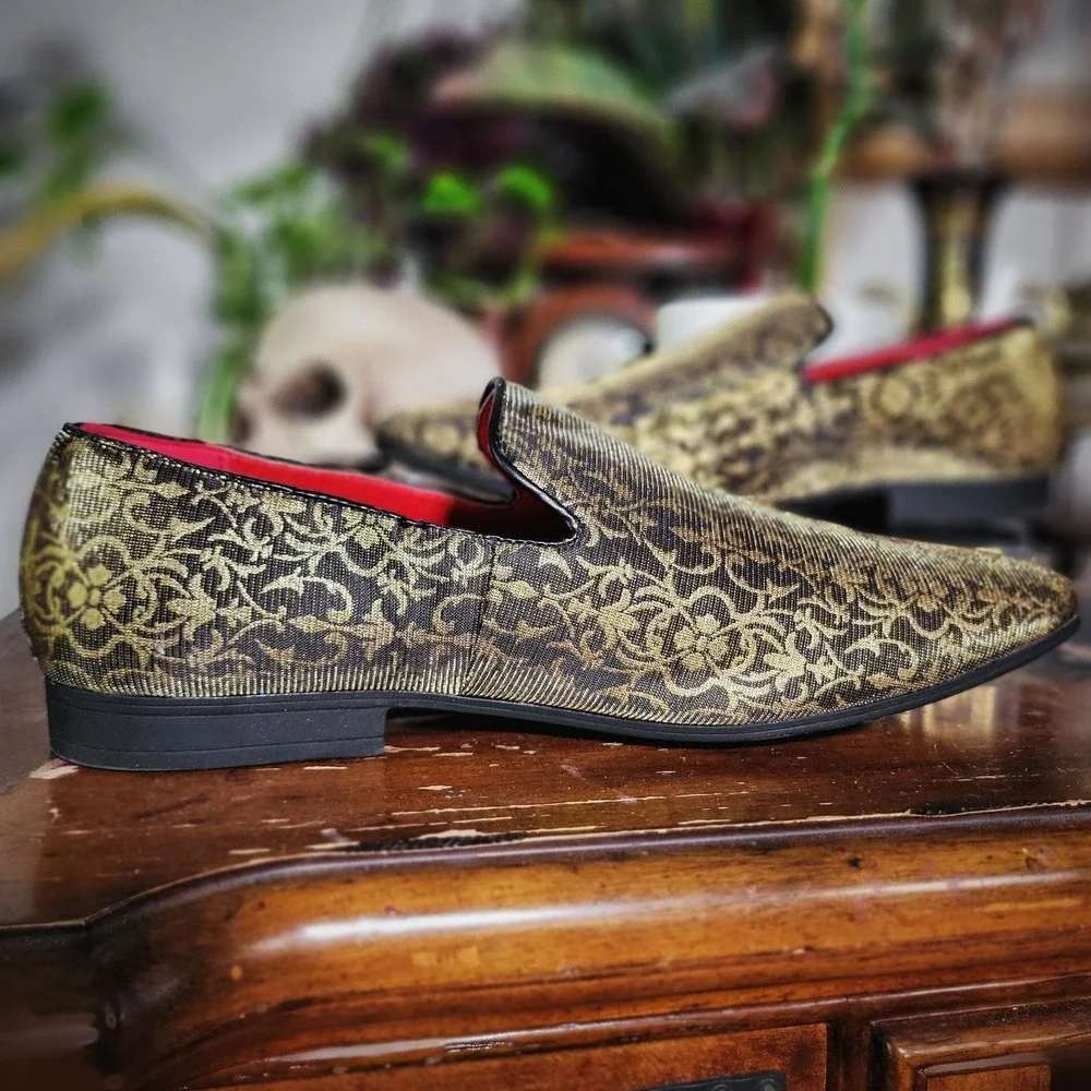 Henry Ferrera Gold Black Brocade‎ Smoking Loafers Slip On Dress Shoes Men's 10.5